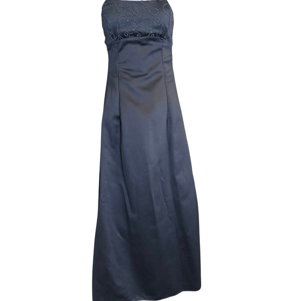Formal prom dress strapless no sleeves navy blue girls Sz 14 Juniors beaded top.